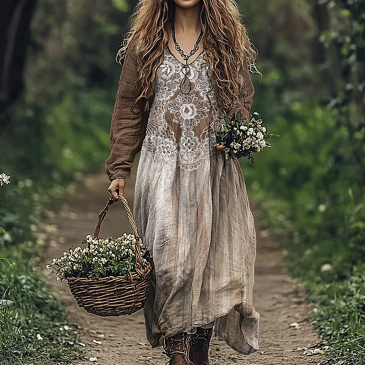 Vintage Geometry Tribal Floral Art Linen Blend Maxi Dress