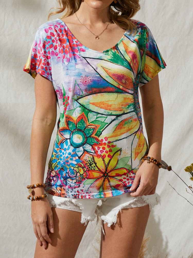 Women Short Sleeve Multi color Calico Print V neck Casual T Shirt P1844801