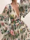 Floral Print Deep V-Neck Puff Sleeves Split-Side Maxi Dress