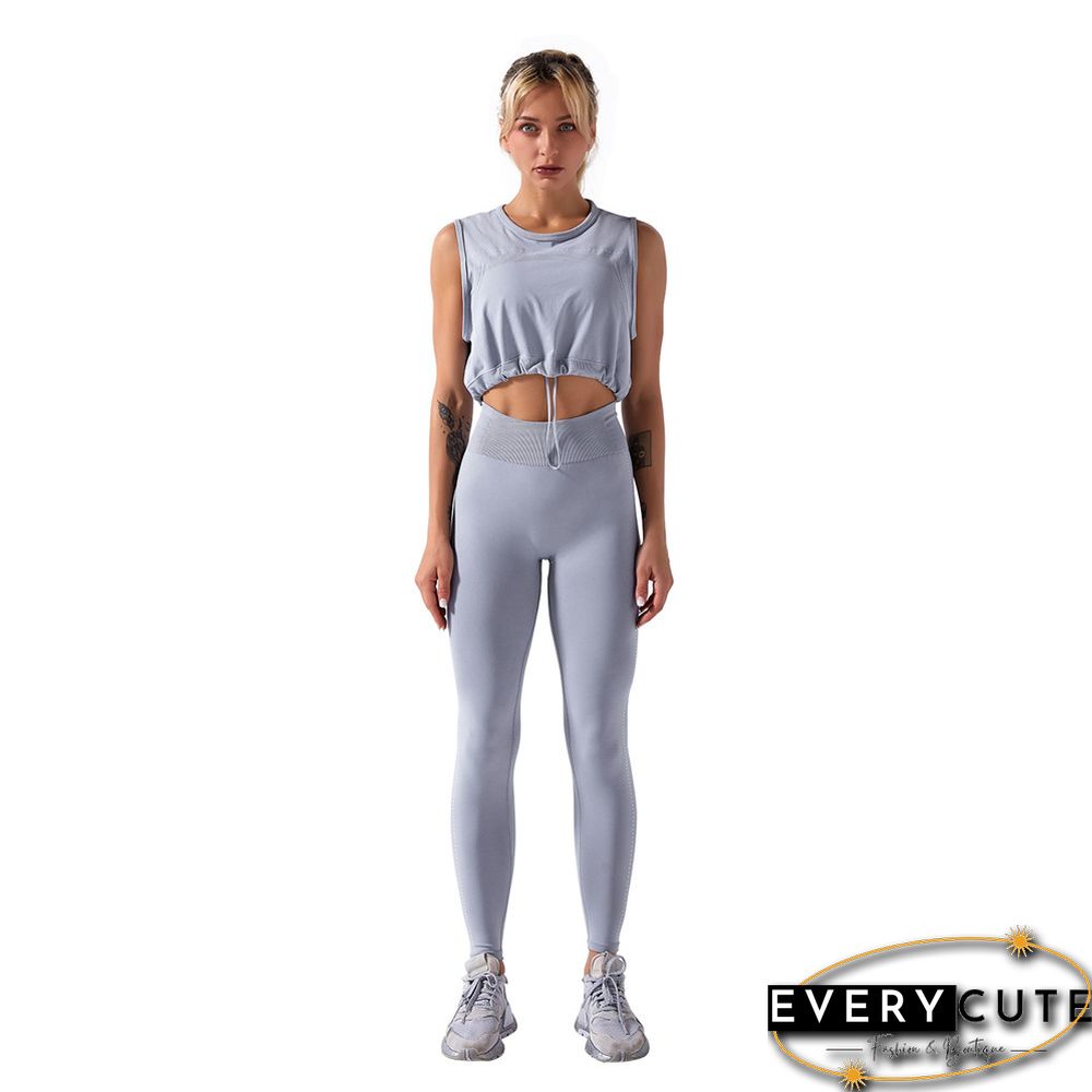 Light Gray Seamless Drawstring Tank Top with Pant Set