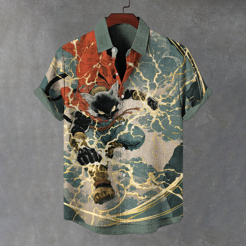 Men's Funny Lightning Super Cat Hero Art Print T-shirt  artssus