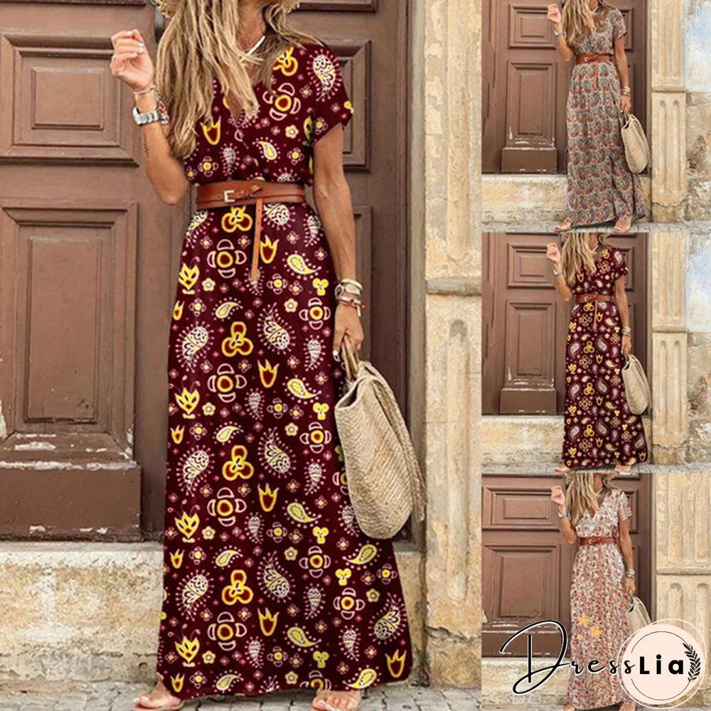 Ladies Summer Sexy Printed Boho Dress with Belt Belt