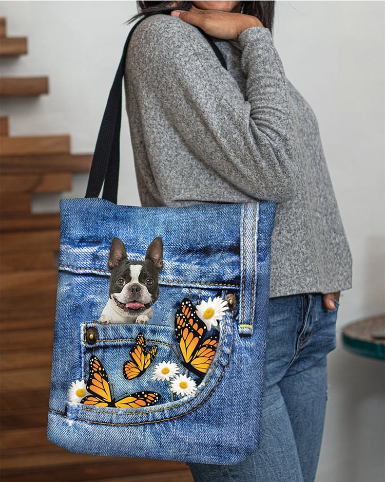 Boston-terrier-Butterfly Daisies Fait-CLOTH TOTE BAG