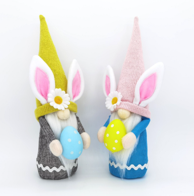 Easter bunny holding eggs long hat colorful