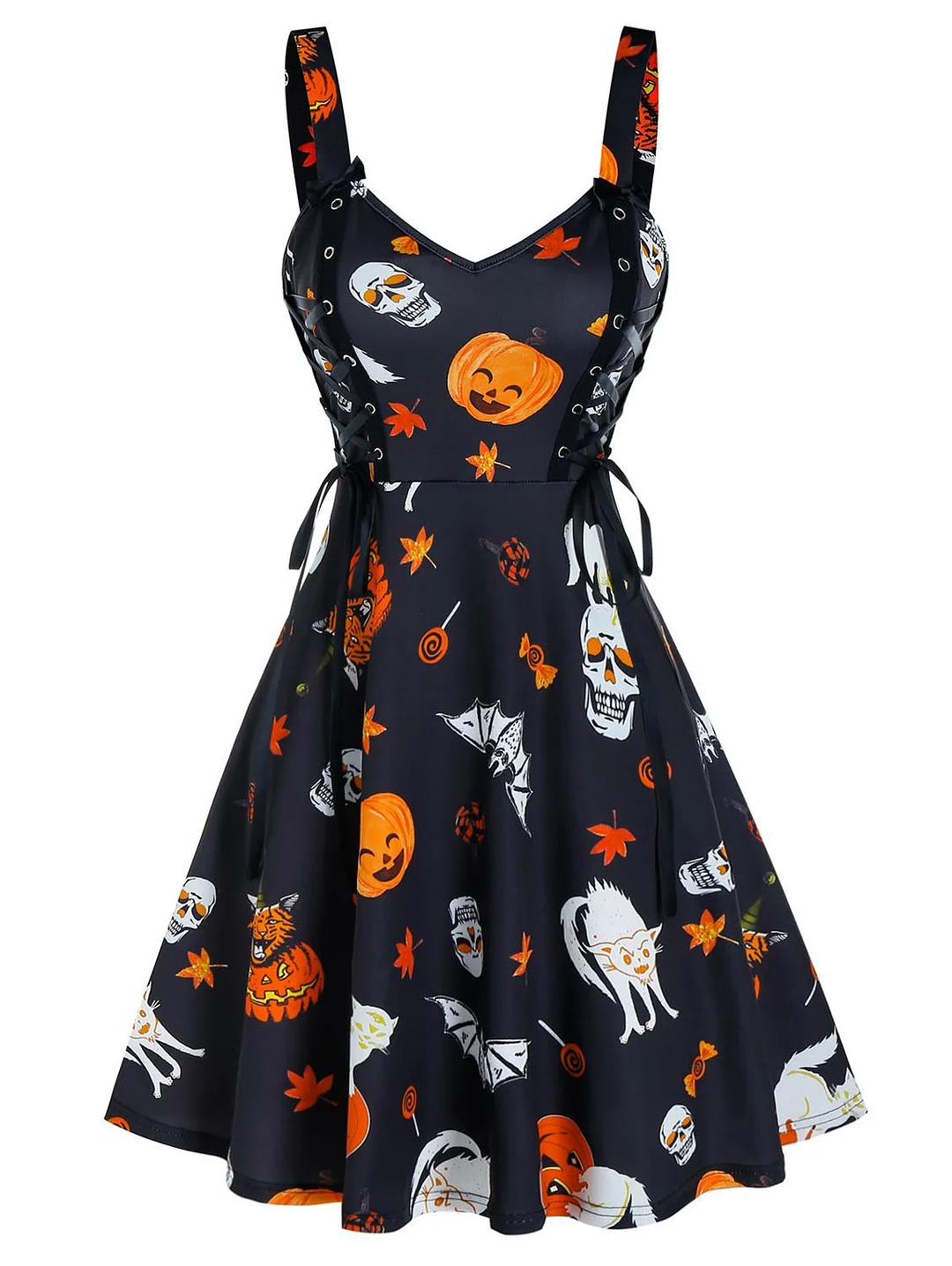 Halloween Pumpkin Print Lace Up Mini Cami Dress Women Gothic Spaghetti Strap Casual Sexy Vintage Dress Plus Size 3xl