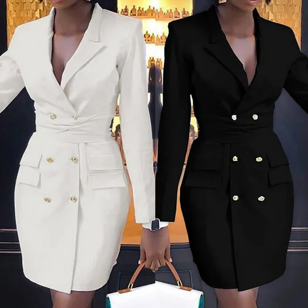 Fashion Women Office Business Outfit Solid Button Midi Blazer Dress Elegant Casual Long Sleeve V Neck Blazer Coat Suit