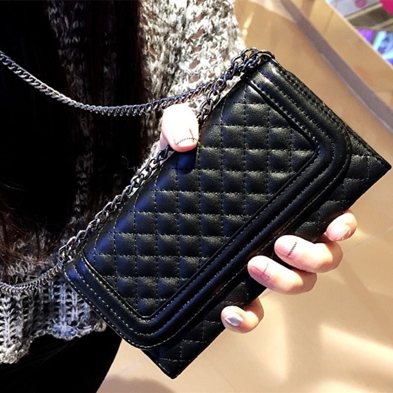 Luxury Folding Mirror Wallet Leather Case with Crossbody Chain