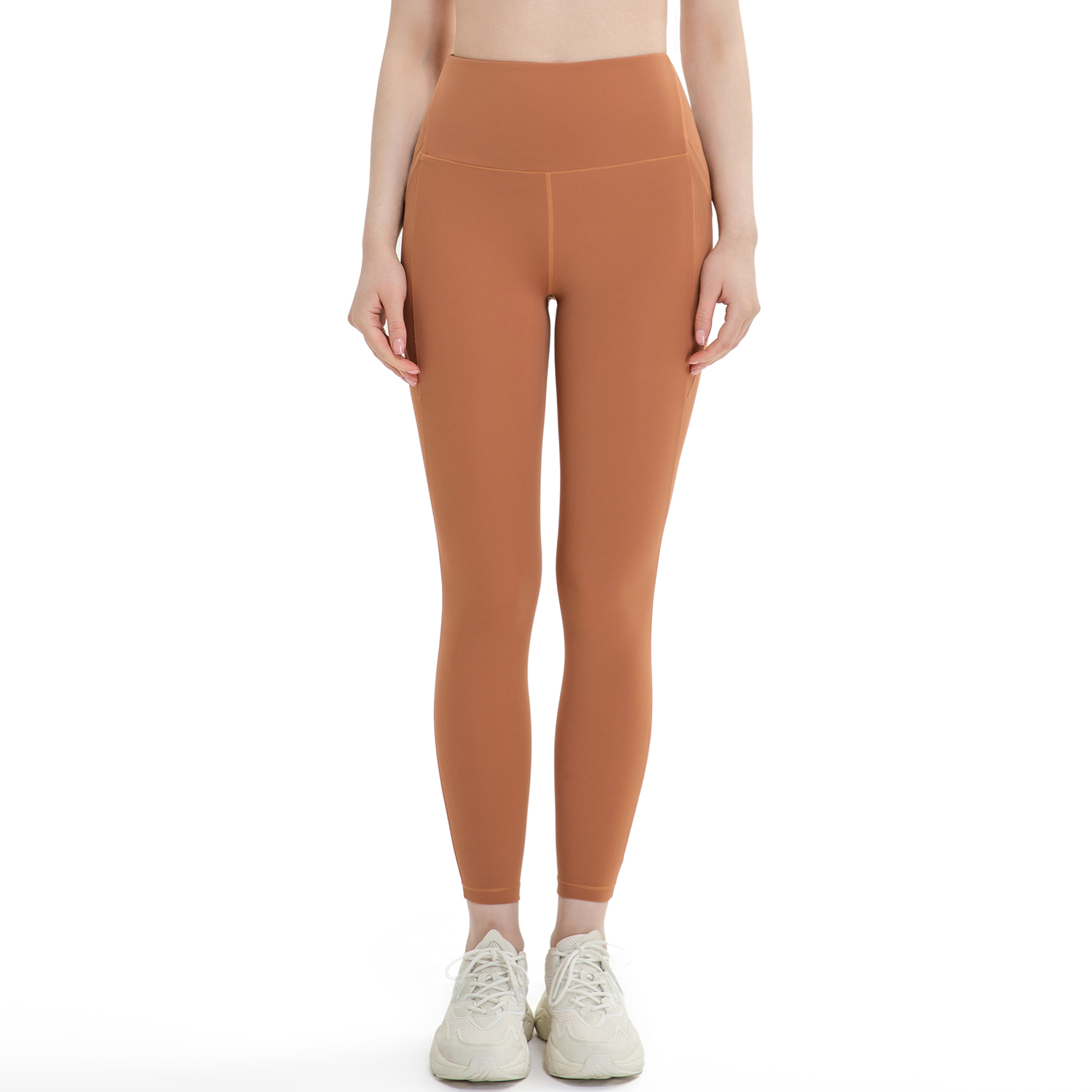 Hergymclothing Sand high rise tranceless naked feeling slant pockets sports yoga leggings online shopping