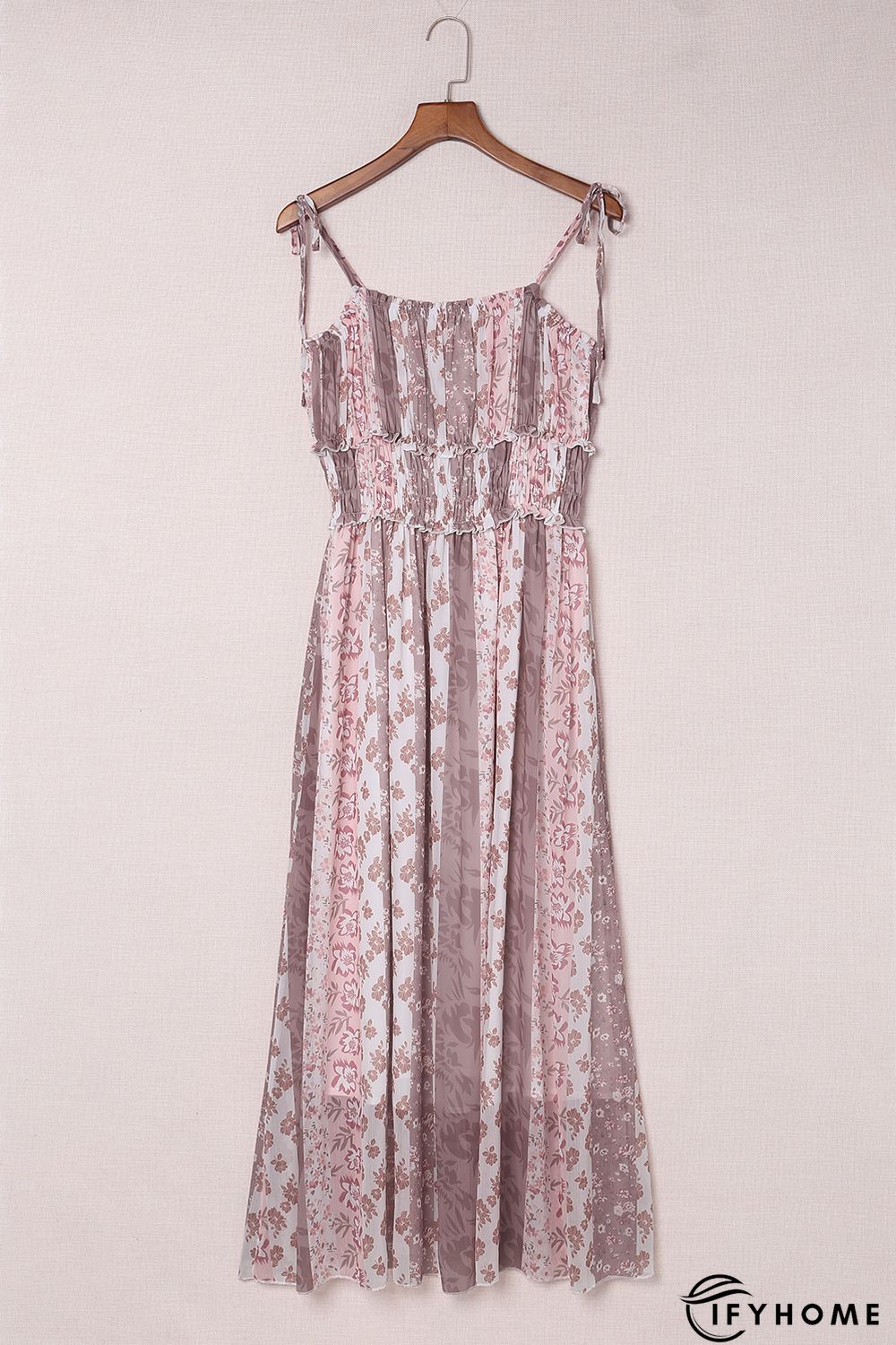 Multicolor Floral Print Frill Trim Smocked Spaghetti Strap Maxi Dress | IFYHOME