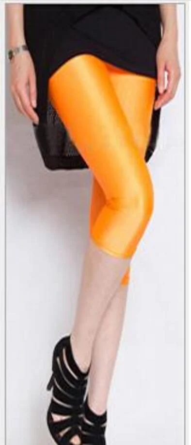 CUHAKCI Summer Fluorescent Shiny Leggings Women Spandex Shinny Pant Elasticity Casual Trousers High Waist Capris