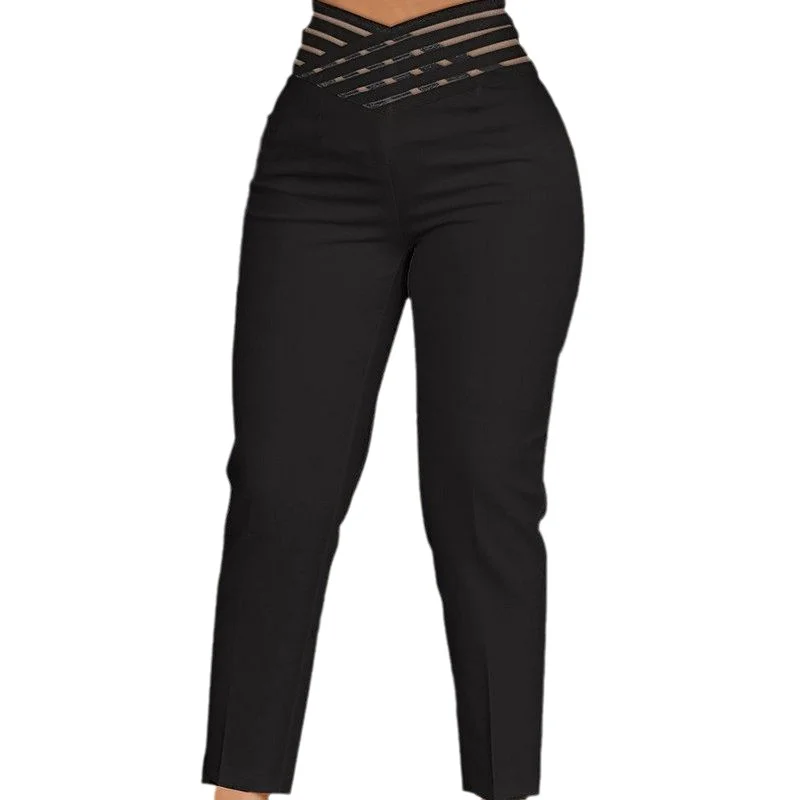 Wongn Wongn Women's Ribbon Hollow Belt Temperament Commuting High Waist Leisure Solid Color Pencil Nine Minutes Pants