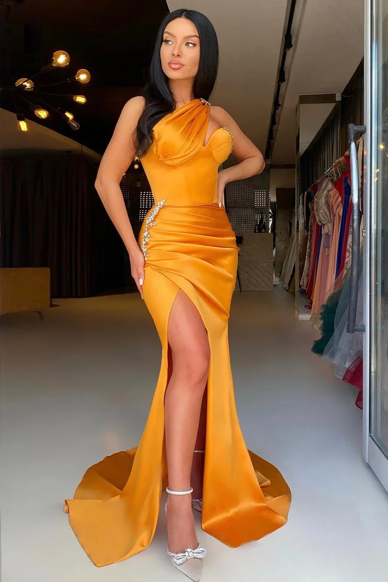 Bellasprom Yellow Gold One Shoulder Prom Dress Mermaid Slit Ruffle With Beads Bellasprom