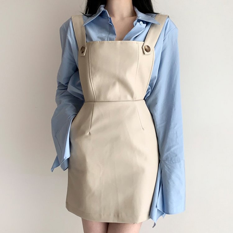 Bell Sleeve Shirt PU Suspender Dress Set - Modakawa Modakawa