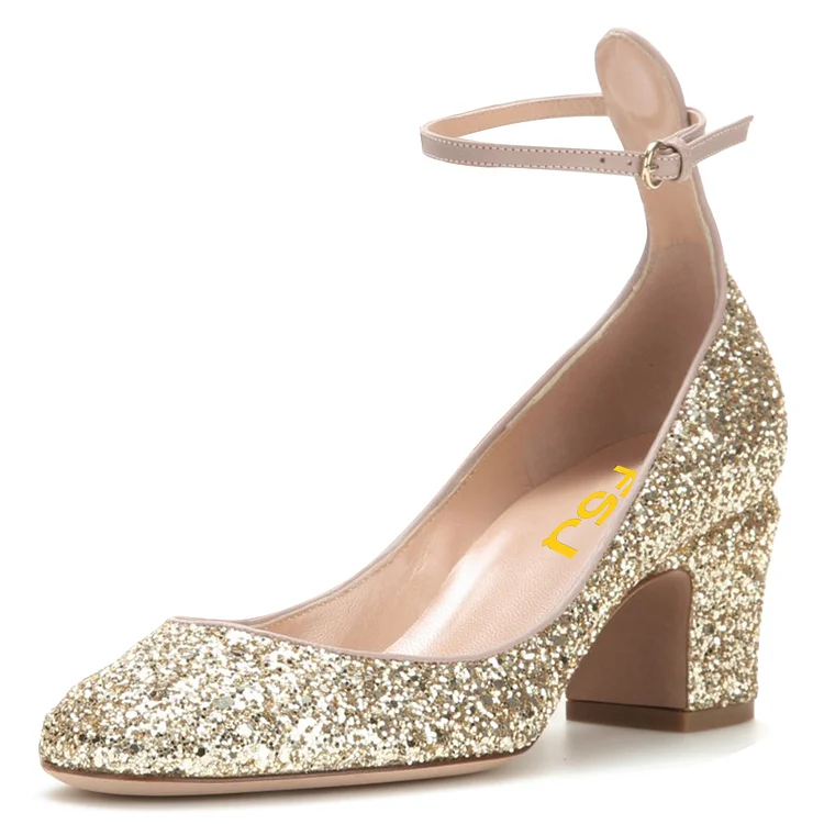 Gold Glitter Shoes Ankle Strap Chunky Heel Pumps |FSJ Shoes