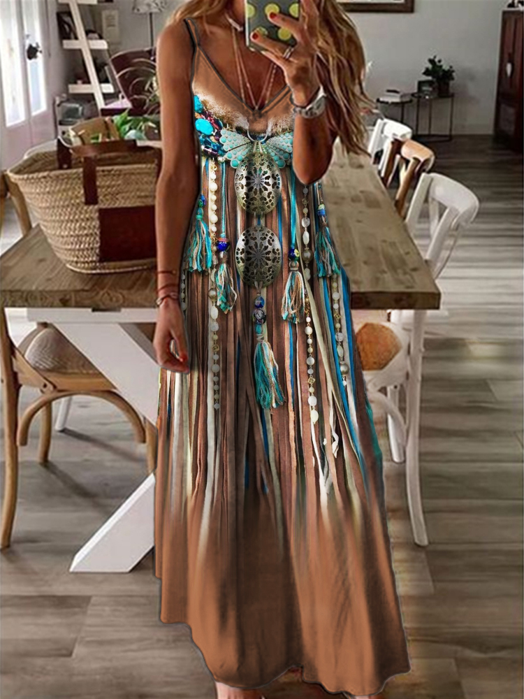 Boho Turquoise Beaded Fringe Cami Maxi Dress wearshes