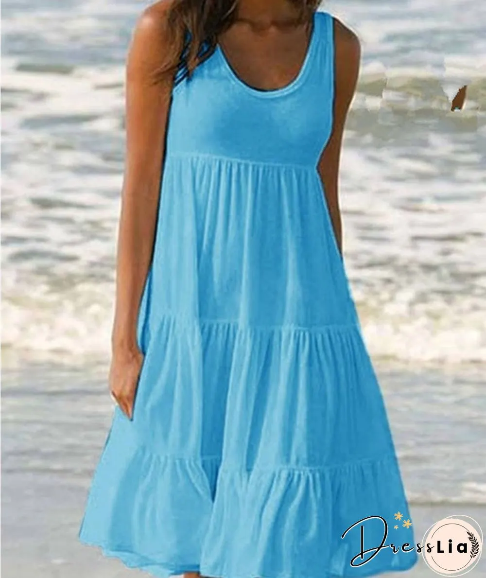 Summer Dresses Plus Size Fashion Clothes Women's Casual Tank Tops Party Beach Wear Loose Dresses Solid Color A-line Skirt Cotton Round Neck Off Shoulder Dress Ladies Pleated Halter Mini Dress Sleeveless Dresses