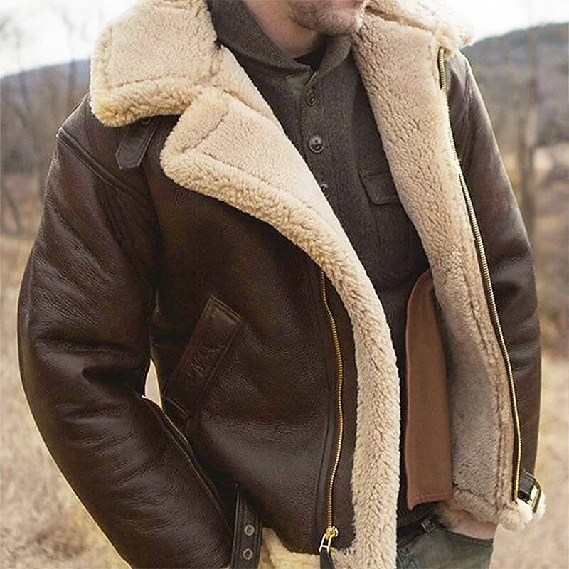 Rogoman Men's Faux-Shearling Solid Color Leather Jacket Warm Windproof Outdoor