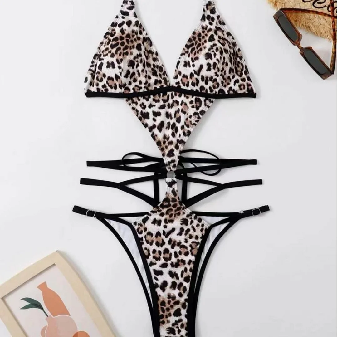 Uveng New Sexy Leopard-Print Conjoined Drawstring Strap Swimsuit Bikini