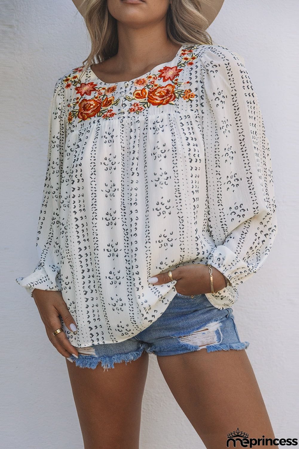 Beige Long Sleeve Embroidered Print Blouse