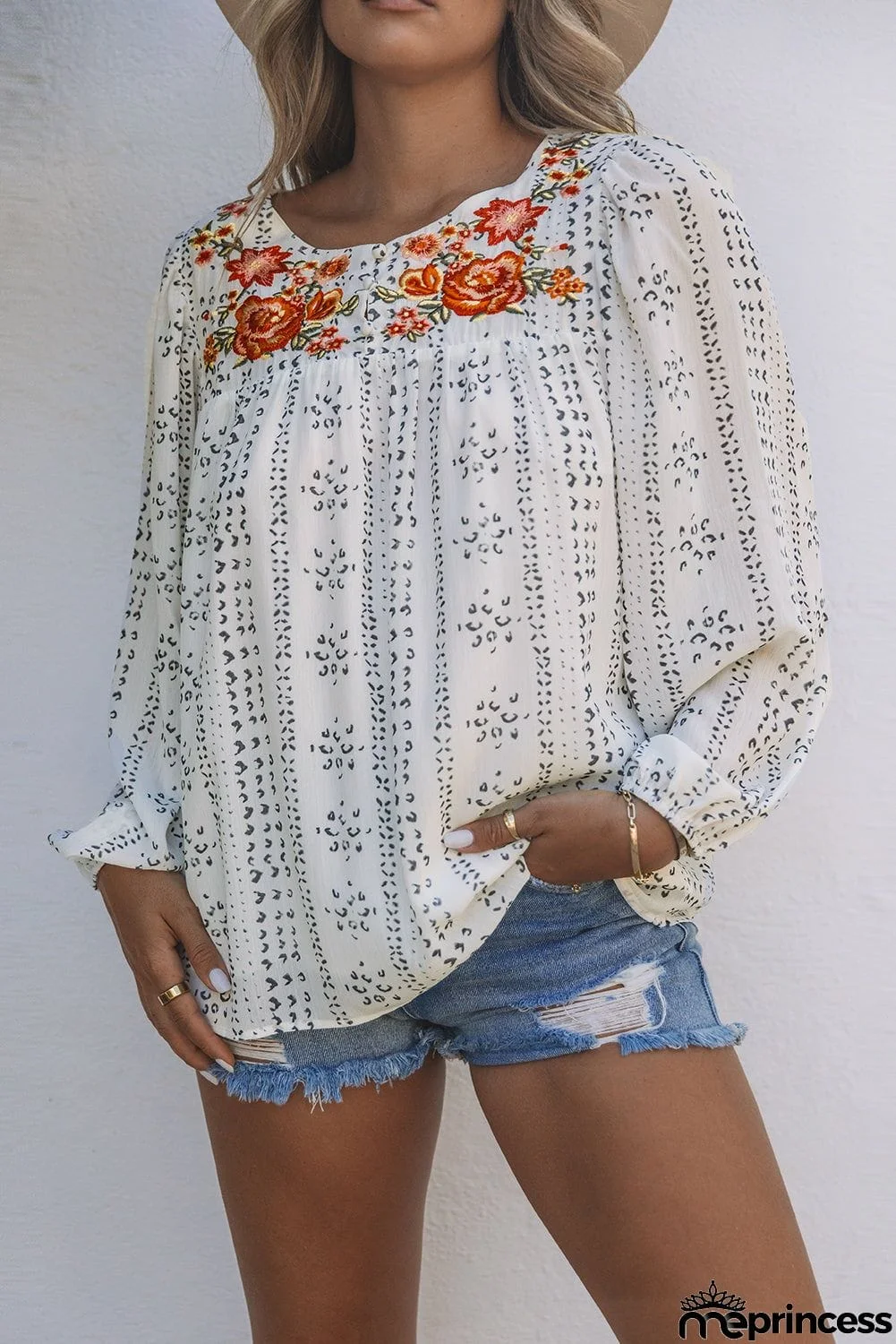 Beige Long Sleeve Embroidered Print Blouse