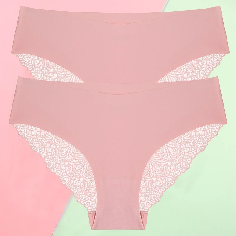 FINETOO 2PCS/Set S-XL Sexy Women Seamless Lace Pantys 6 Solid Colors Breathable Panties Lace Underwear For Girls Thong Lingerie