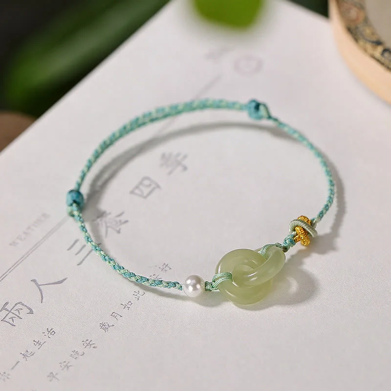 Natural Hetian Jade Double Peace Buckle Luck Braided Bracelet