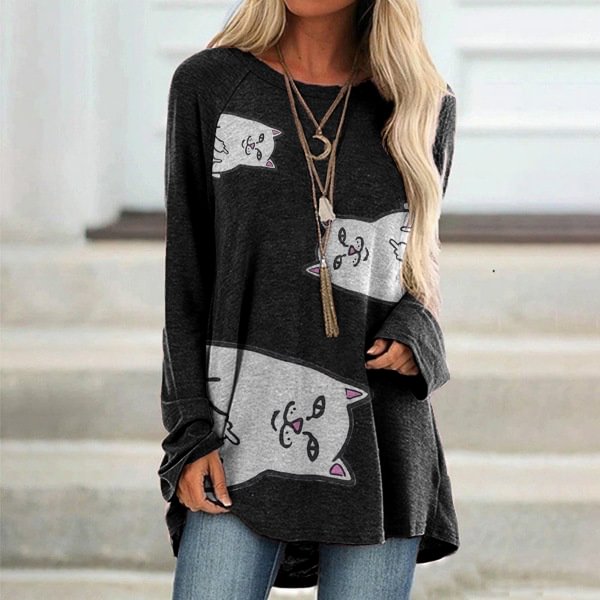 Vefave Casual Cat Print Long Sleeve Tunic