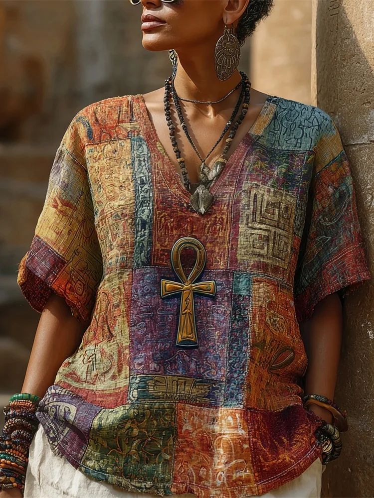 Vintage Egyptian Ankh Pattern Patchwork Women's Linen V-neck T-shirt