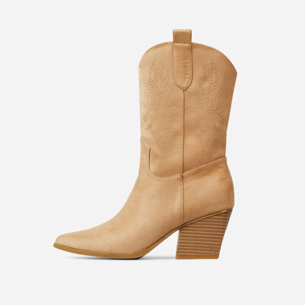 Khaki Pointed Toe Vegan Suede Mid-Calf Western Cowboy Boots