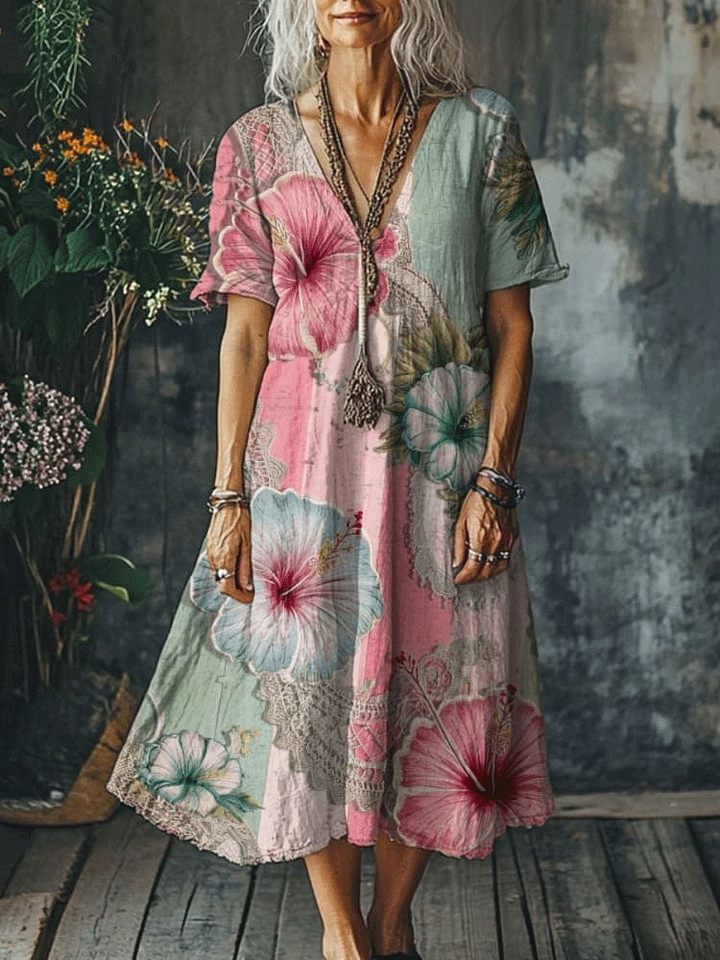 Women's Vintage Flower Art Print Pocket Cotton Dress