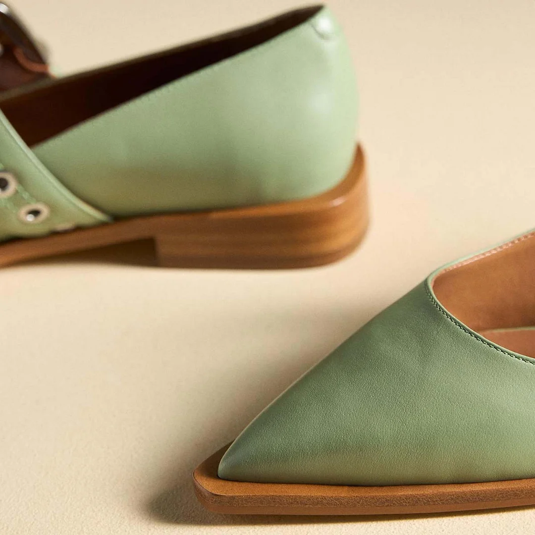 Green Buckle Strap Pointed Toe Flat Mary Jane Shoes for Women
