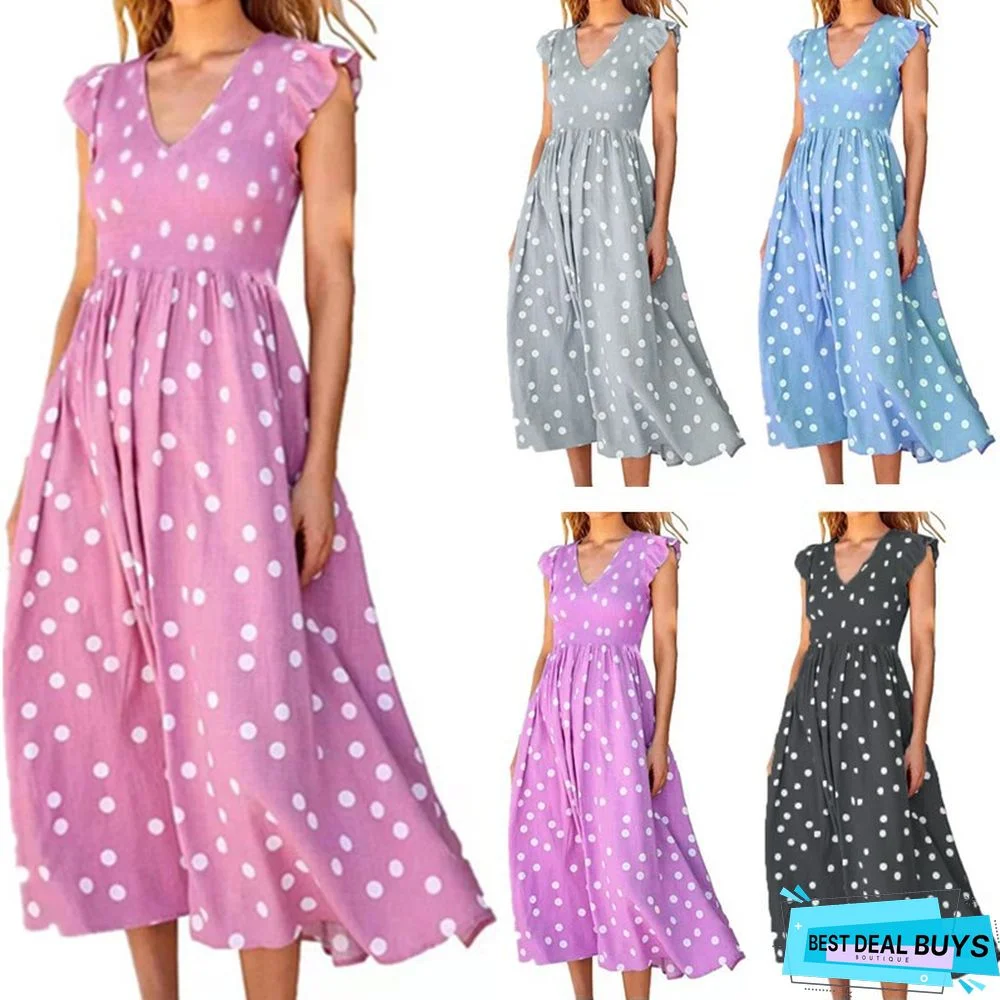 Women's V-Neck Waist, Large Skirt and Polka Dot Print Dress