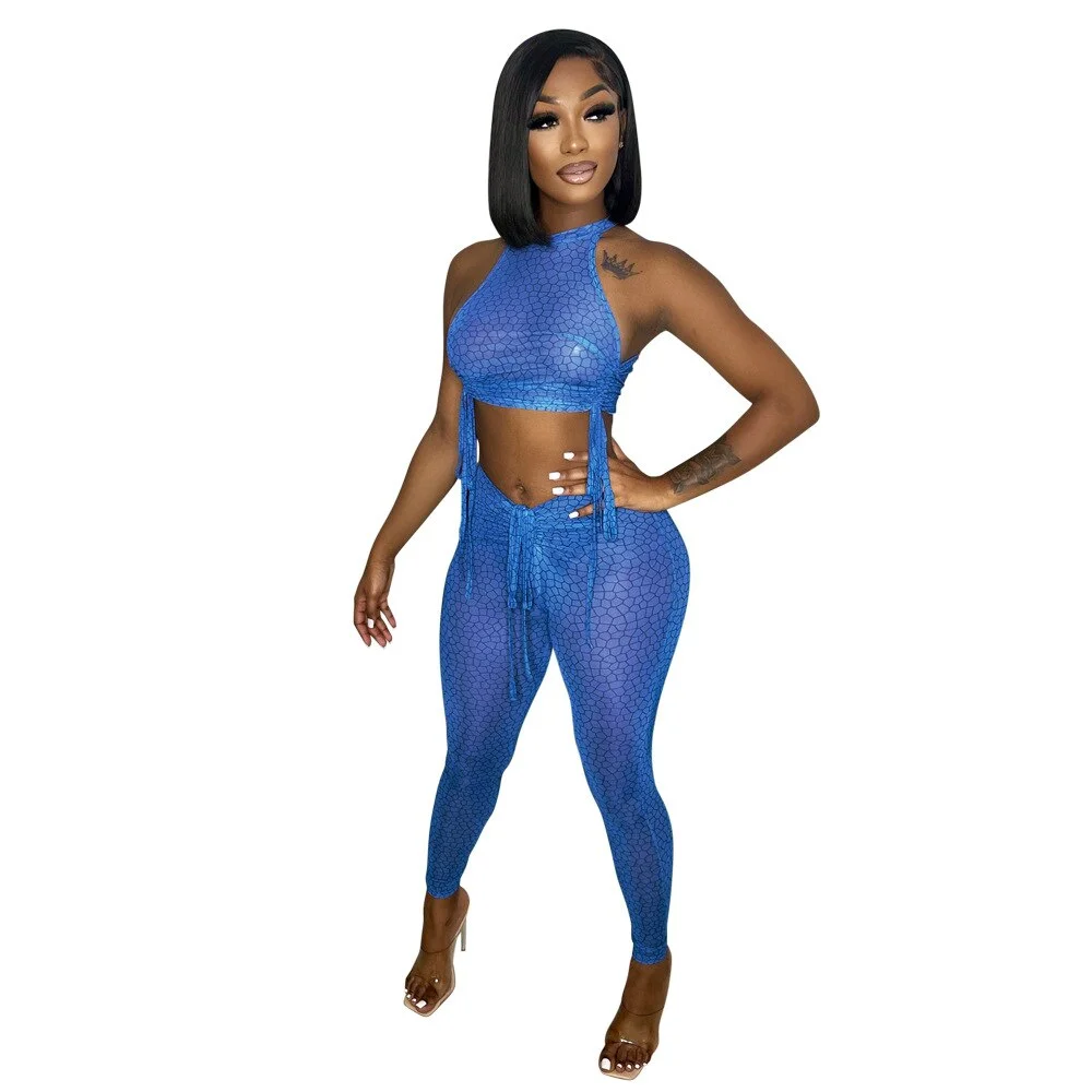 ANJAMANOR Sexy Outfits for Woman Night Club 2 Piece Set Sheer Mesh Crop Top and Pants Fashion Clothing Set 2022 Women D57-CH16
