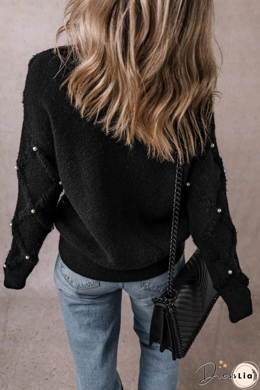 Black Pearl Embellished Rhombus Pattern Sweater