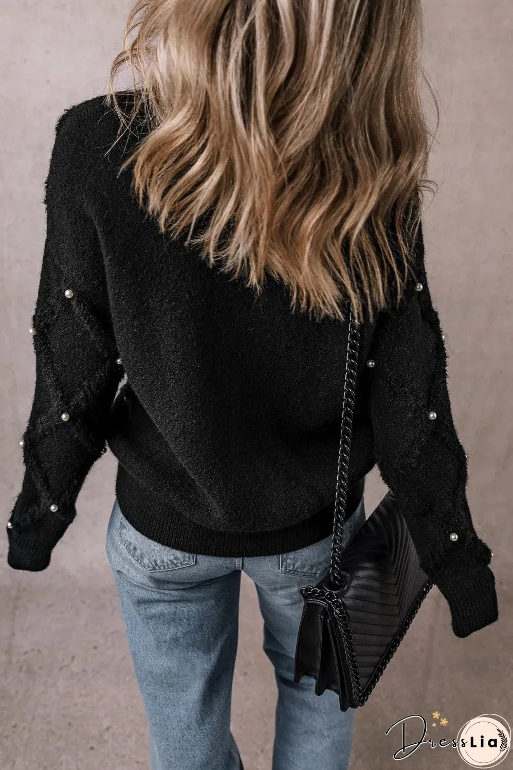 Black Pearl Embellished Rhombus Pattern Sweater