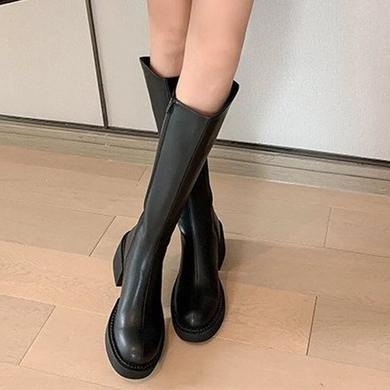 Women's Fashion Thigh High Long Boots Solid Square Heels Ladies Shoes Autumn Winter Soft Leather Zip Female Knee High Boots 2021