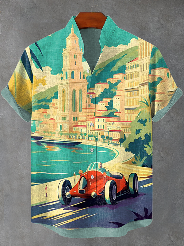 Men's Seaside Romantic Retro Car Art Print Casual Shirt