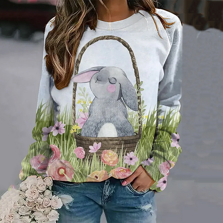 VChics Cute Bunny In Flower Basket Print Long Sleeve Sweatshirt