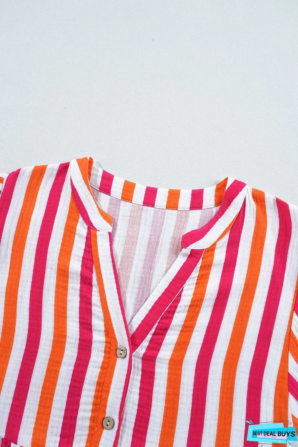Orange Stripe Balloon Sleeve Notched V Neck Buttoned Front Blouse
