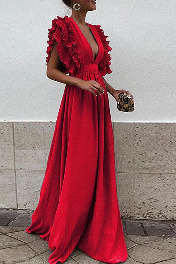 Ruffle Sleeve Plunge V-neck Solid Maxi Dress