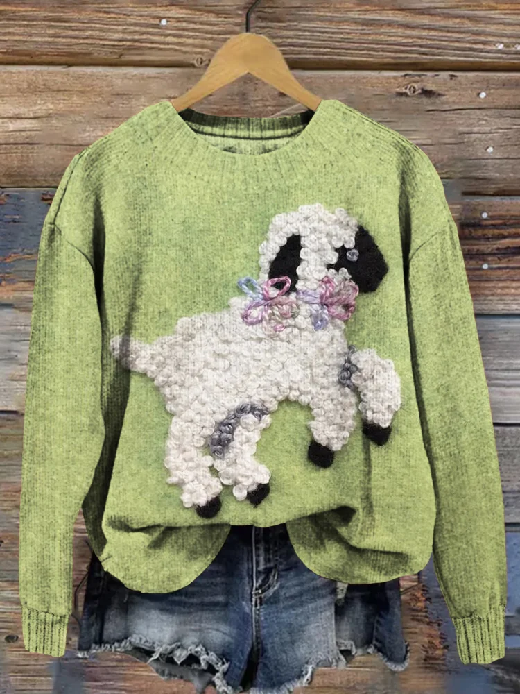 Fuzzy Little Lamb Embroidery Pattern Comfy Knit Sweater