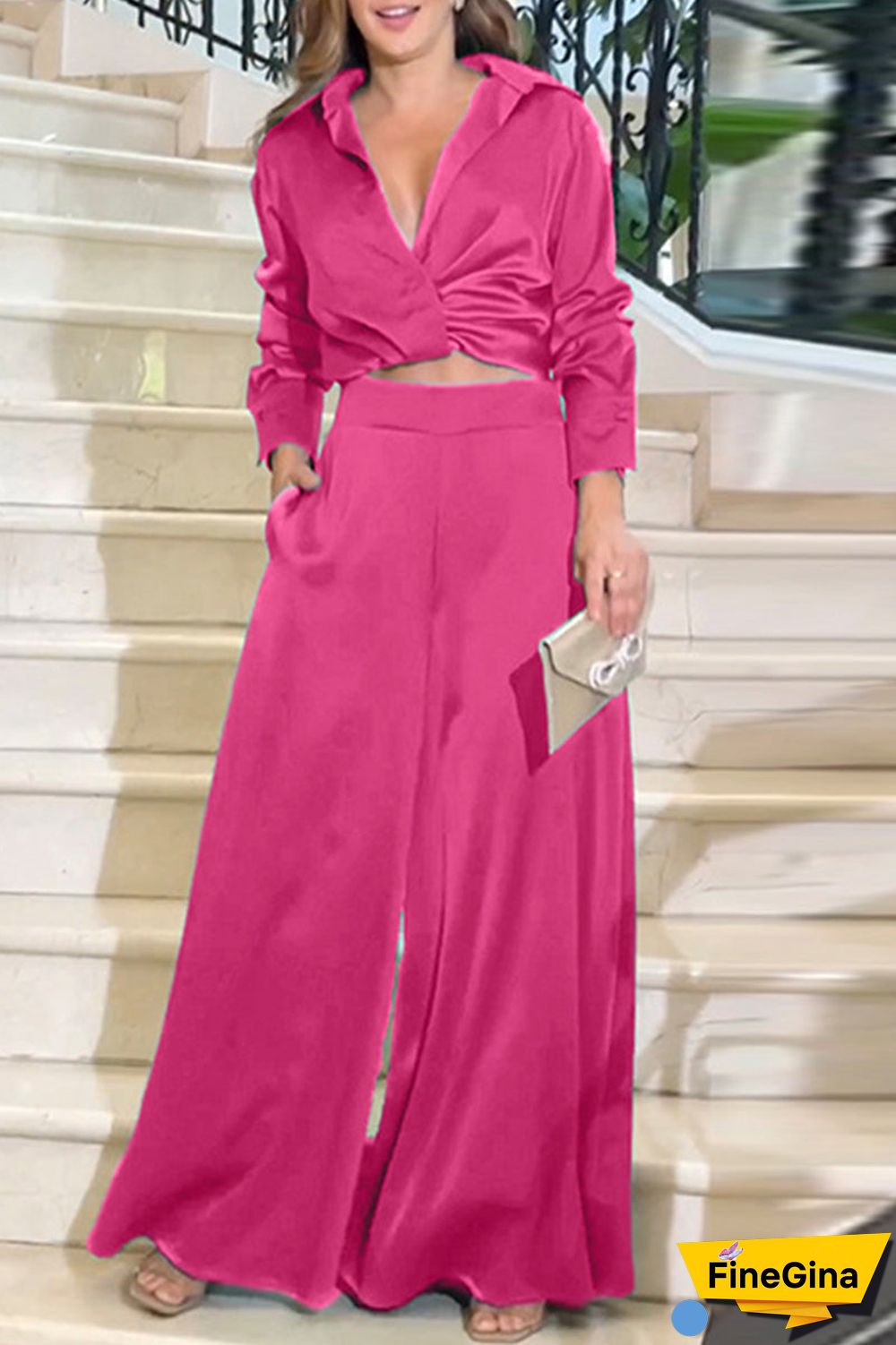 Elegant Solid Fold Turndown Collar Long Sleeve Two Pieces(4 Colors)