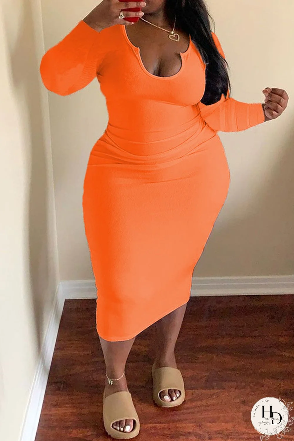 Orange Fashion Casual Plus Size Solid Basic U Neck Long Sleeve Dresses