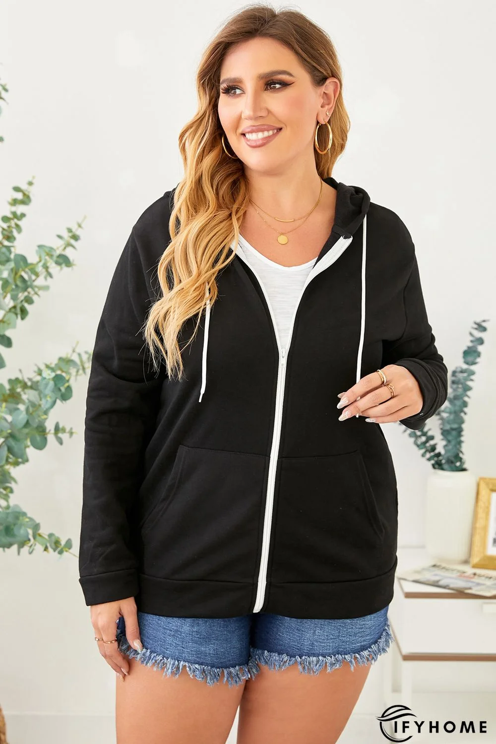 Black Blue Blue Plus Size Zipper Down Hooded Coat with Pocket | IFYHOME