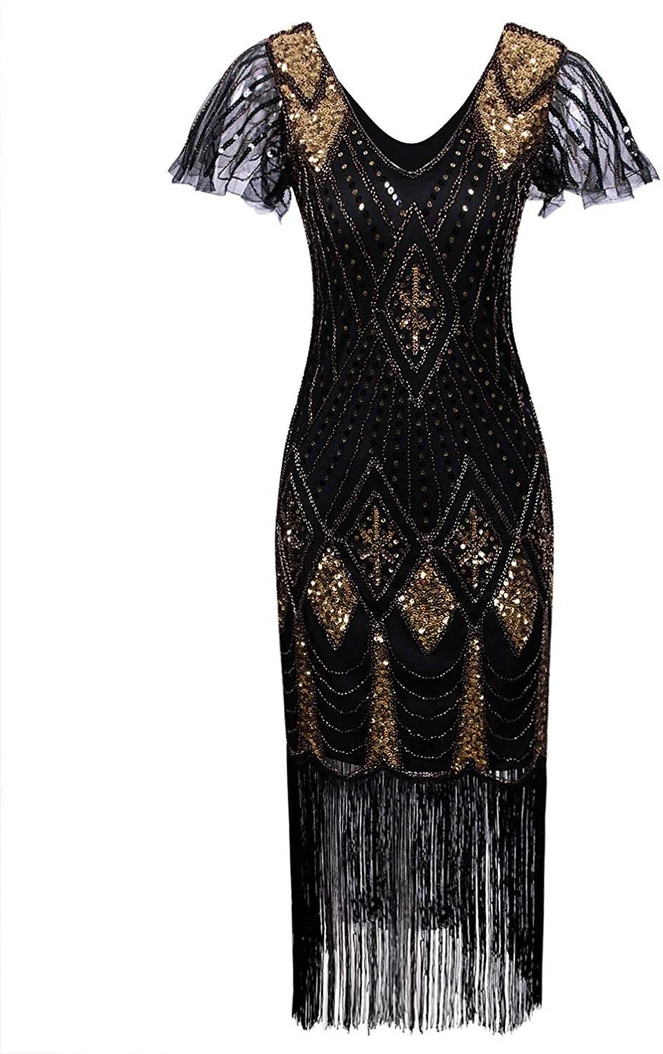 Women's 1920s Gatsby Inspired Sequin Beads Long Fringe Flapper Dress with Sleeves