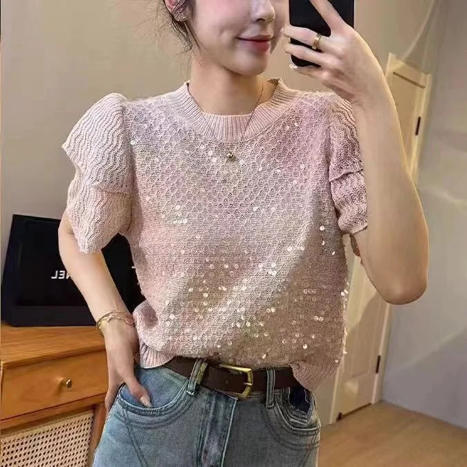 Ueong Ueong / Summer 2024 New Thin Style Show Thin Hollow Short-Sleeved Jacket Heavy Industry Sequin Bud Sleeve Round Collar Knit Sweater Female