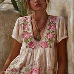 Vintage Boho Roses Embroidered Short Sleeve Linen Shirt - Image 2