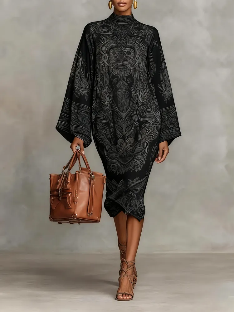 Women's Paisley Print Crew Neck Flared Long Sleeve Loose Medium Dress