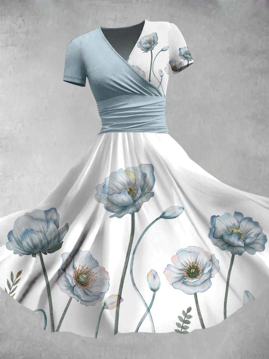 Elegant Floral Print V-Neck Vintage Short Sleeve Midi Dress