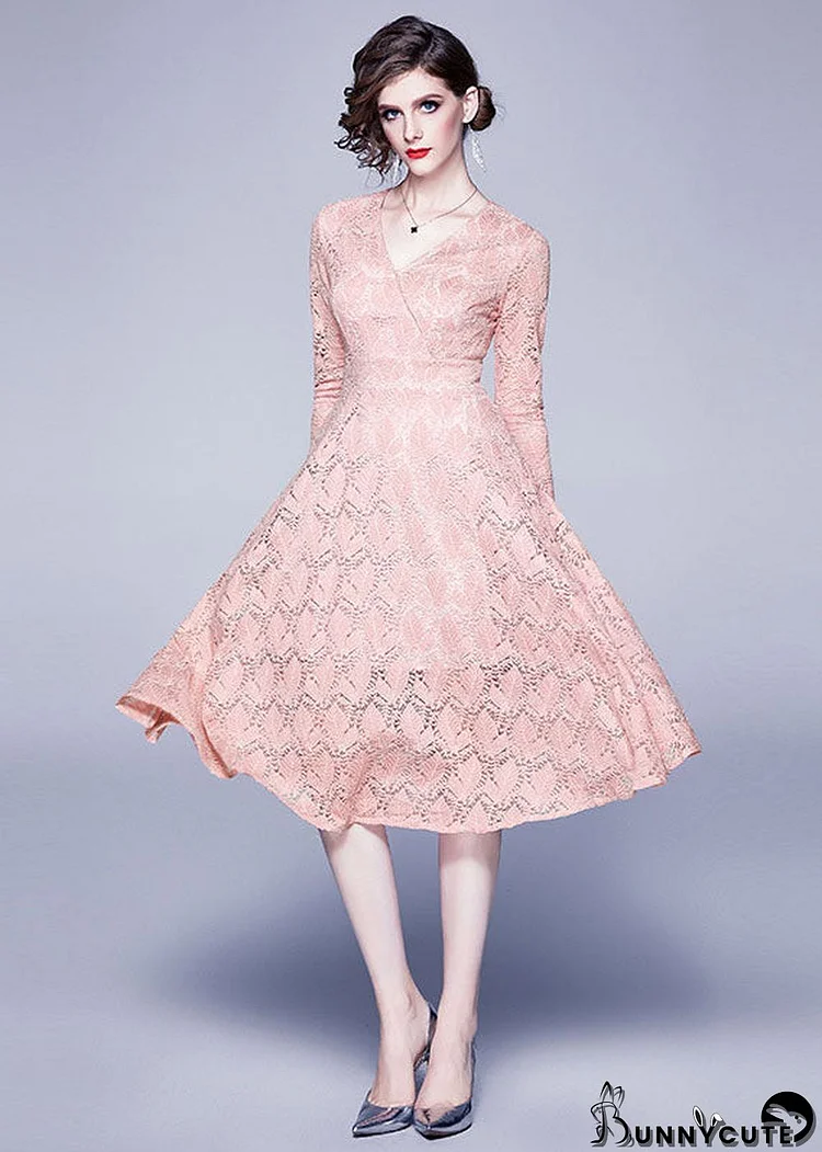 Casual Pink V Neck Exra Large Hem Lace Dresses Bracelet Sleeve